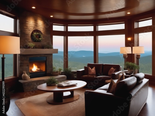 a living room with a large couch and a fire place in it's centerpieces and a round coffee table