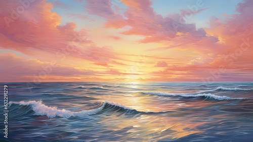  a painting of a sunset over a body of water with waves. generative ai