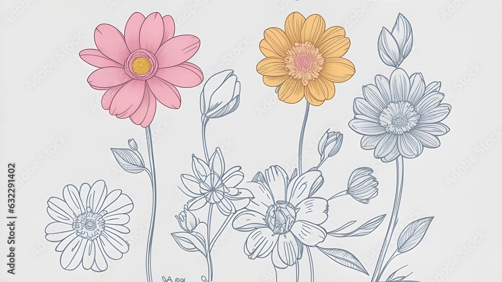 Painting of flowers with white background. Digital art.