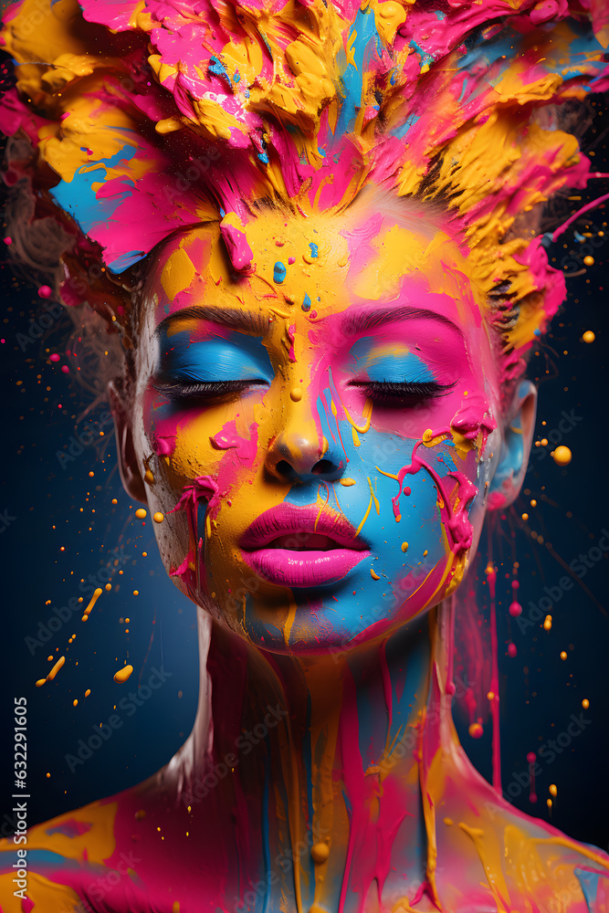Woman portrait with a multi colored painted face, pop art design, color explosions