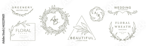 Floral logo templates with minimalist botanical elements. Frame, wreath, monogram. Vector illustration in line art style