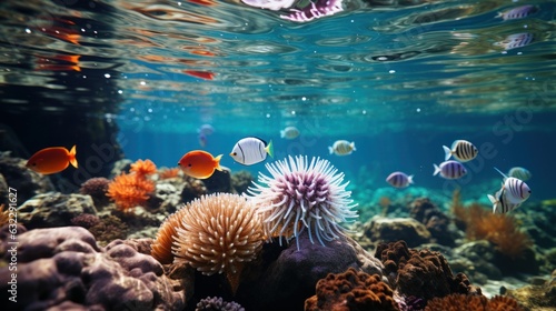 Sea urchins lie quietly among the coral at the bottom of the sea, covered with sharp spines, surrounded by colorful corals and tropical fish. photo