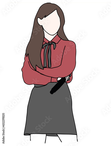 Illustration vector of Kpop fashion stage. idols of Koreans performing. K-pop female fashion idol. A girl in a red shirt and a brownish black skirt. She's holding a microphone.
