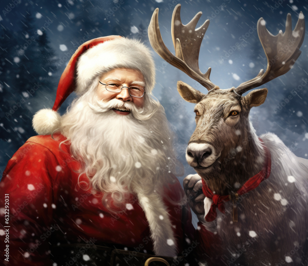 fröhlicher Weihnachtsmann mit Rentier, cheerful Santa Claus with
