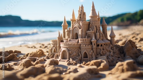 Portrait of an amazing sandcastle with a softboard next to it, on the beach. hight details, taken using a Canon EOS R camera with a 50mm f/ 1. 8 lens, f/ 2. 2 aperture, shutter speed 1/ 200s, ISO 100  photo