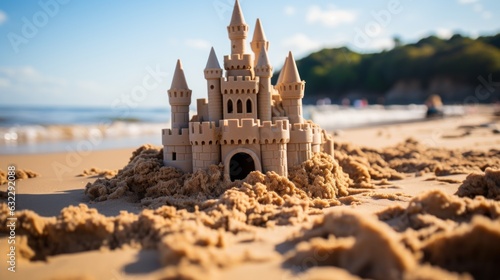 Portrait of an amazing sandcastle with a softboard next to it, on the beach. hight details, taken using a Canon EOS R camera with a 50mm f/ 1. 8 lens, f/ 2. 2 aperture, shutter speed 1/ 200s, ISO 100  photo