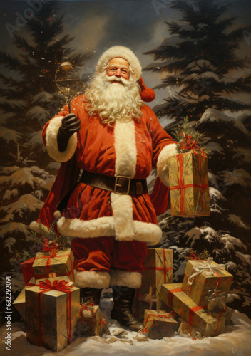 ein Weihnachtsmann steht vor einem Tannenbaum mit Geschenke, a santa claus stands in front of a fir tree with gifts