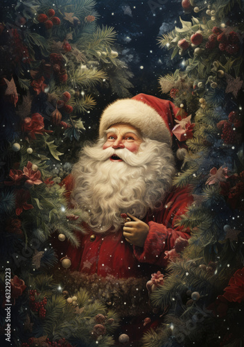 Weihnachtsmann Portrait umringt von Tannenzweige und Weihnachtsblumen, Santa Claus portrait surrounded by fir branches and Christmas flowers,  photo