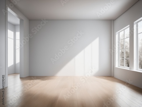 Creative interior concept. Abstract white light room and oak wooden flooring with interesting light shadow from window. Template for product presentation.