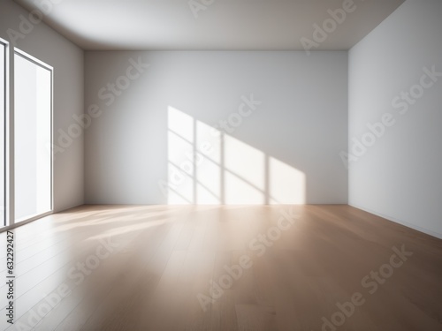 Creative interior concept. Abstract white light room and oak wooden flooring with interesting light shadow from window. Template for product presentation.
