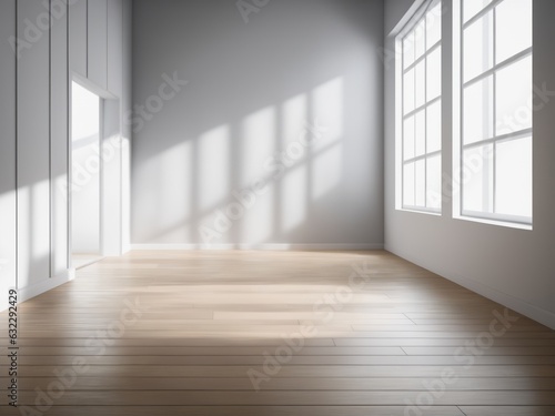 Creative interior concept. Abstract white light room and oak wooden flooring with interesting light shadow from window. Template for product presentation.