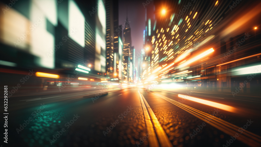 Energetic urban nightscape showcasing a dynamic motion blur. Luminous trails of light weave their way through the cityscape, creating a captivating luminosity that beautifully captures nightlife.