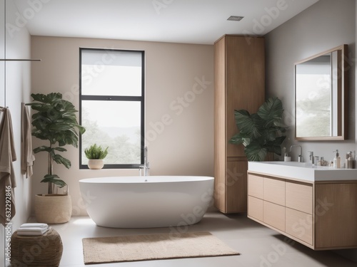 Modern minimalist bathroom interior, modern bathroom cabinet, white sink, wooden vanity, interior plants, bathroom accessories, bathtub and shower, beige walls, granite floor, vases. © Arhitercture