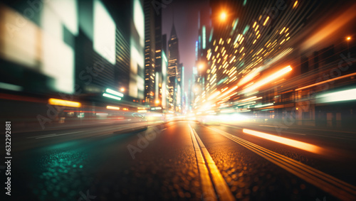 Energetic urban nightscape showcasing a dynamic motion blur. Luminous trails of light weave their way through the cityscape, creating a captivating luminosity that beautifully captures nightlife.