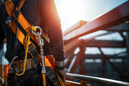 Construction Worker Ensuring Safety Wearing Safety Harness and Safety Line in High-Risk Environment. created with Generative AI
