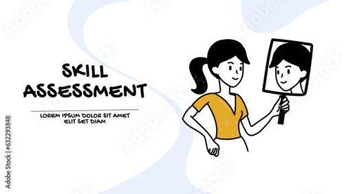 Self assessment concept. Vector of a woman looking in a mirror