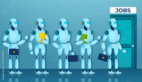 Vector of a group of robots candidates waiting for job interview replacing humans