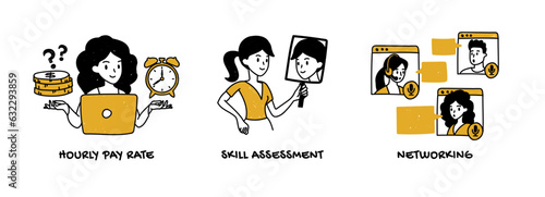Freelance job, self assessment and networking. Vector set of freelancers