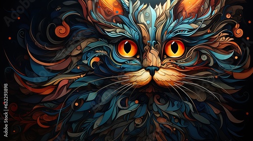 The black cat. Rich colors intricate details colorful painting. 