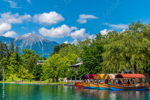 A view past Pletna boats along the eastern shore of Lake Bled in Slovenia in summertime