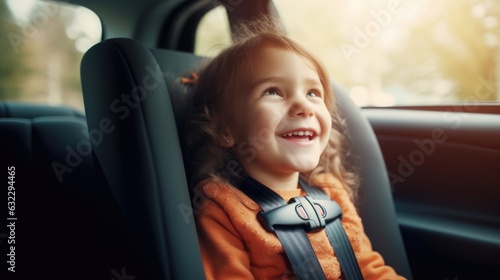 Happy girl in a child car seat wearing a seatbelt while traveling by car.