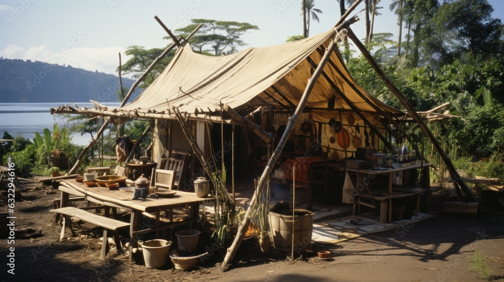Film still, medical center hut made out of bamboos