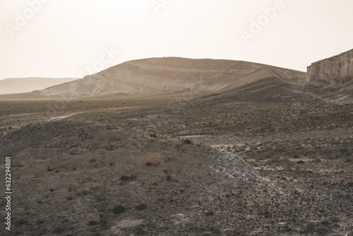 Panoramic view of the Kazakh steppe with ditches from the water and chalk slopes  the shape of limestones in the evening in the steppe