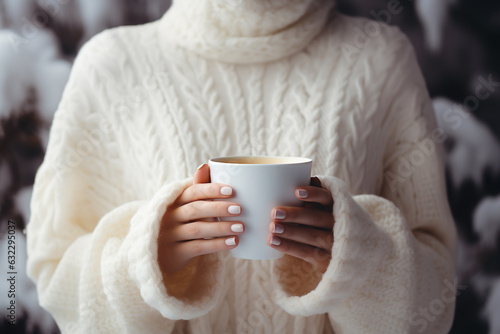 closeup a woman's hands in a white knitted sweater holding a cup of coffee