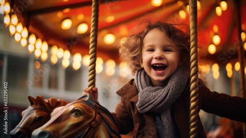 A little funny and smiling child enjoy on carousel. Generative AI © piai