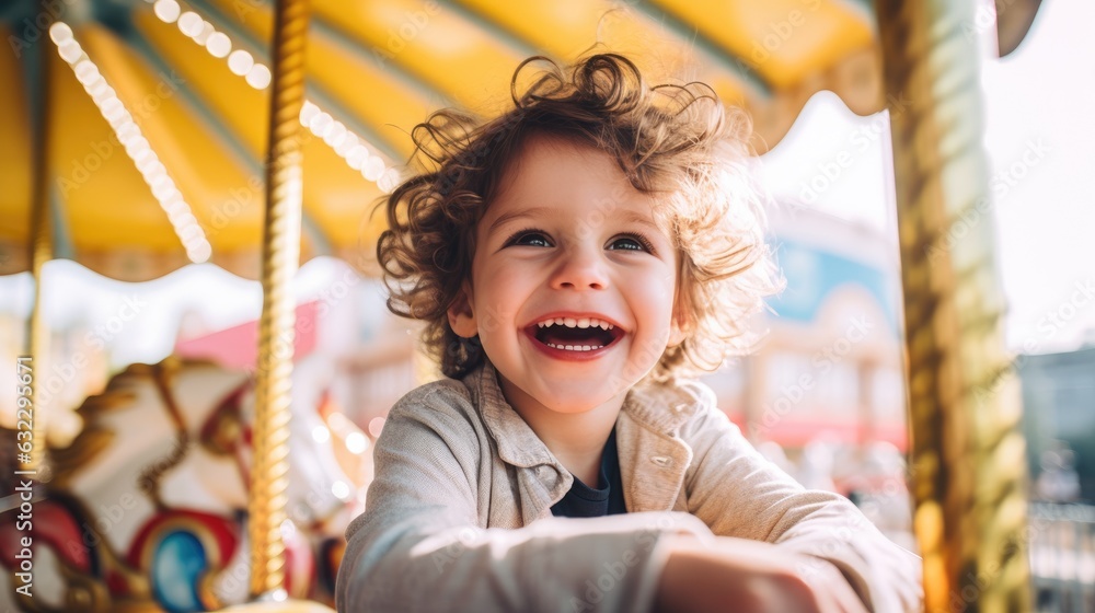 A little funny and smiling child enjoy on carousel. Generative AI A little funny and smiling child enjoy on carousel. Generative AI
