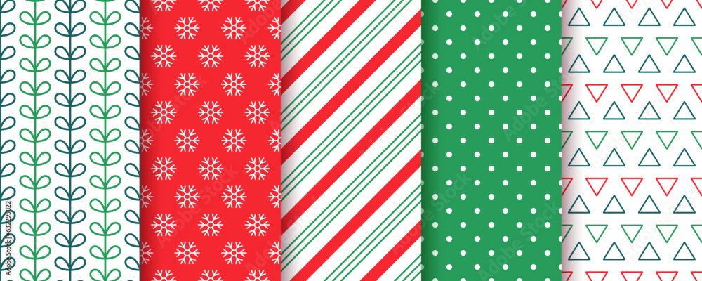 Christmas pattern. Xmas seamless background. New year texture with candy cane stripes, snowflake, polka dot, triangles. Festive red green wrapping paper. Vector illustration. Collection holiday prints Christmas pattern. Xmas seamless background. New year texture with candy cane stripes, snowflake, polka dot, triangles. Festive red green wrapping paper. Vector illustration. Collection holiday prints