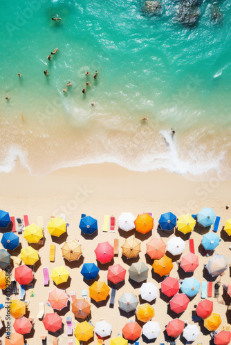 Aerial view of tropical beach with colorful umbrellas