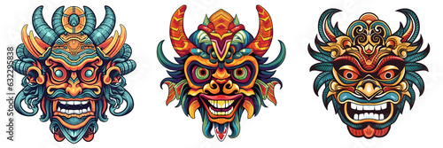 Mask design in traditional balinese motifs  indian mask  colorful cartoon  dynamic and exaggerated facial expressions on white background. Generative ai.