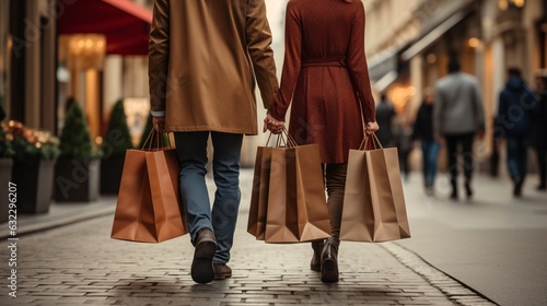 Shopping concept. Midsection of couple with shopping bags in city