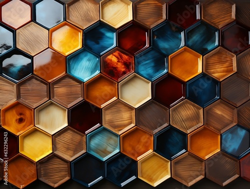 abstract wooden seamless hexagonal mosaic tiles background with hexagons cubes in wooden texture generative ai