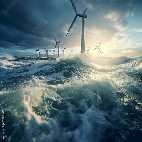 Electricity power generation turbines at sea in stormy dramatic windy weather