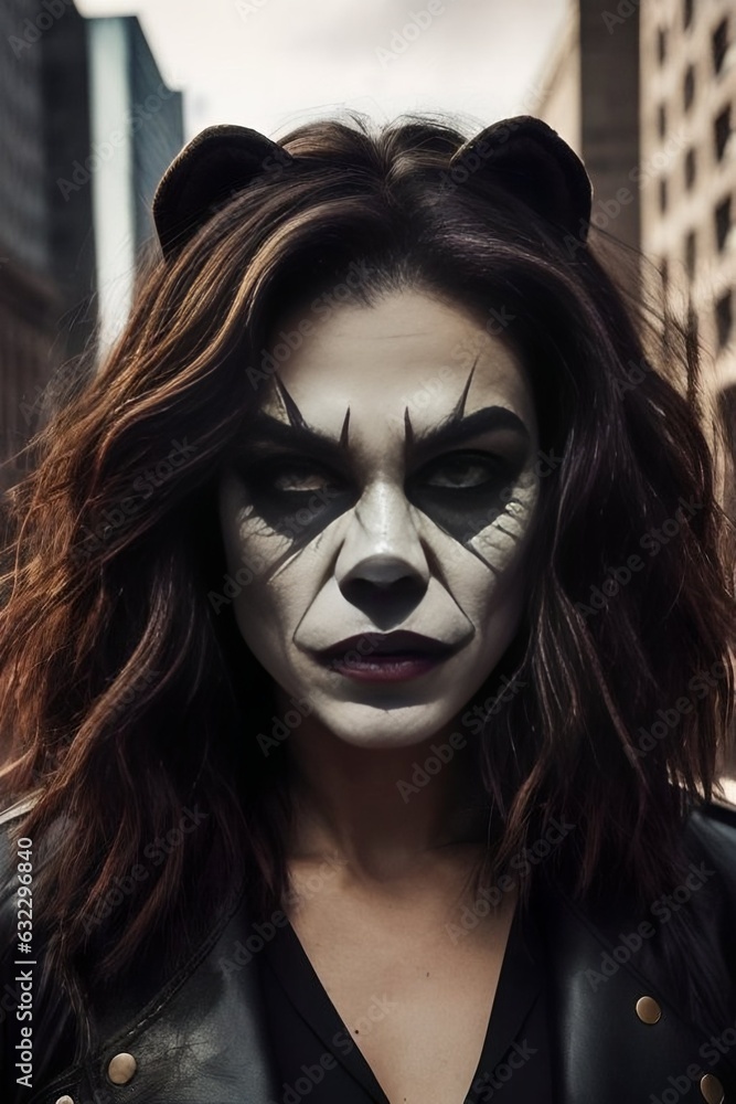 halloween close-up portrait of a werewolf girl in black makeup, a goatee, ears, on a city street