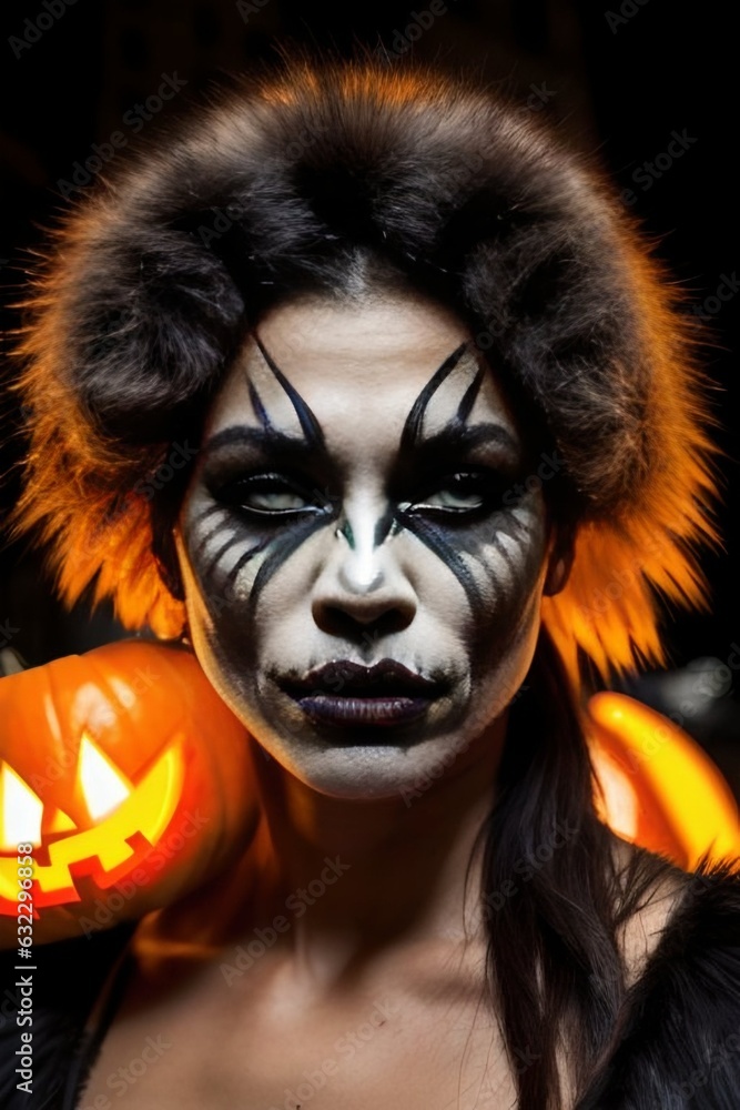 halloween close-up portrait of a werewolf girl in black makeup, on a city street, pumpkin, horror
