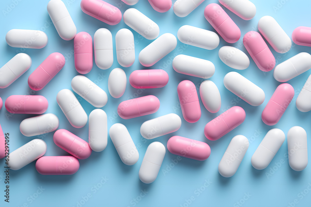 White, pink and sky-blue color pills 3d illustration background White, pink and sky-blue color pills 3d illustration background
