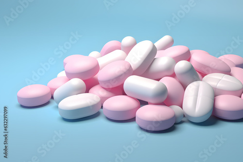 White  pink and sky-blue color pills 3d illustration background