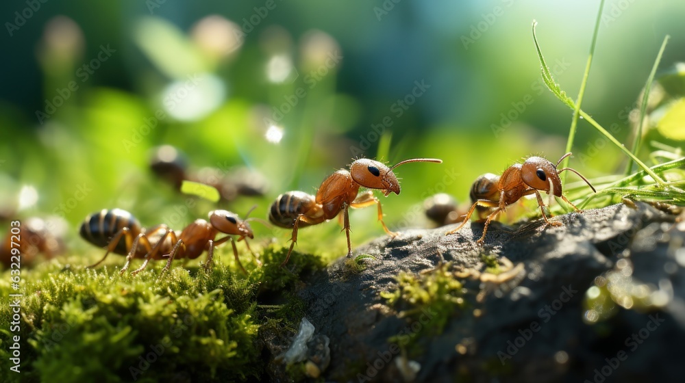 An army of ants marched bravely on the green grass, carrying food on ...