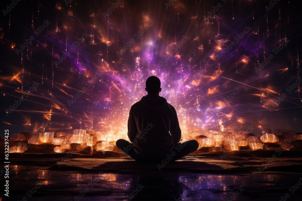 young man meditating with cosmic waves and global consciousness