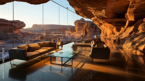 Al ula rocks with integrated window glas elements and artificial light elements photo