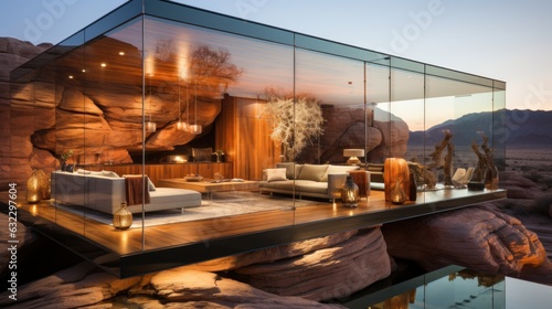 Al ula rocks with integrated window glas elements and artificial light elements photo