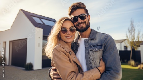 Happy young couple standing in front of new home. Husband and wife buying new house. Generative AI