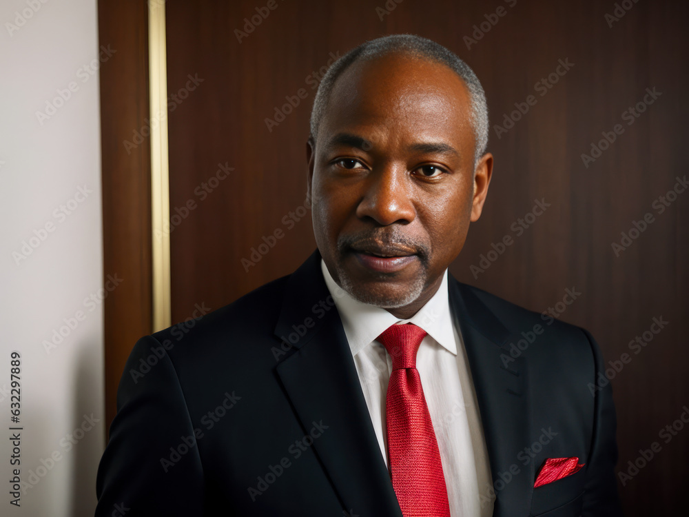Studio digital portrait of a positive senior african american male model in white shirt, tie, strict business suit, austere look on background in office. Mental health concept. Studio digital portrait of a positive senior african american male model in white shirt, tie, strict business suit, austere look on background in office. Mental health concept.