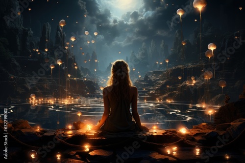 Slika na platnu young woman meditating with cosmic waves and global consciousness