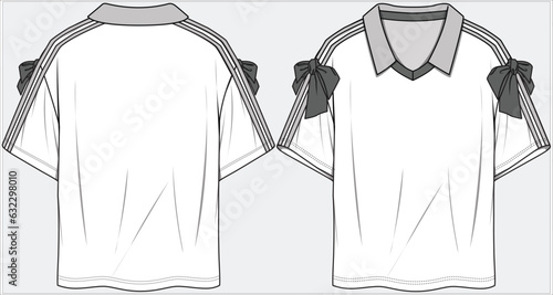 DROP SHOULDER BOXY SLEEVES 
 V NECK POLO TOP WITH CONTRAST BOW DETAIL ATHLEISURE PERFORMANCE KNIT TOP DESIGN FOR WOMEN AND GIRLS IN VECTOR FILE