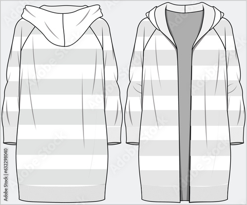 LONG LENGTH STRIPER HOODIE CARDIGAN WITH LONG RAGLAN SLEEVES DESIGN FOR WOMEN AND GIRLS IN EDITABLE VECTOR FILE