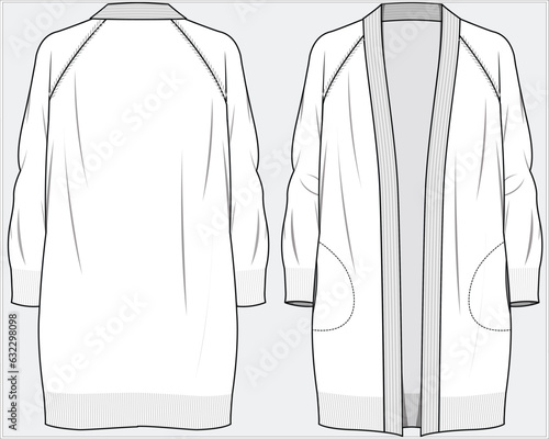 LONG LENGTH RAGLAN SLEEVES CARDIGAN WITH CIRCULAR POCKET DETAIL DESIGN FOR WOMEN AND GIRLS IN EDITABLE VECTOR FILE